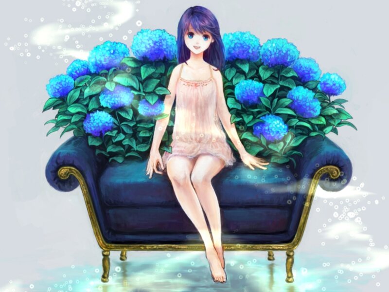 Anime Girl on Couch — Blue, Serene