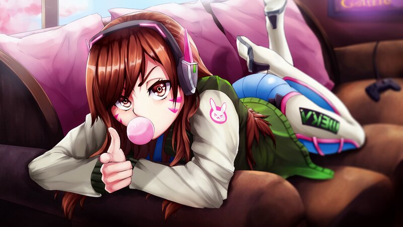 Anime Girl on Couch — Brown, Playful