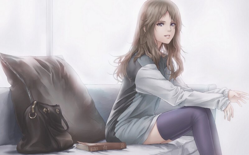 Anime Girl on Couch — Gray, Calm, Digital Art
