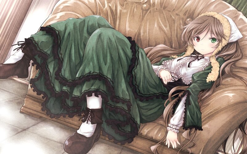 Anime Girl on Couch — Green, Calm, Afternoon, Digital Art