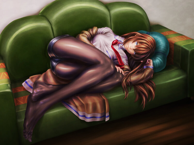Anime Girl on Couch — Green, Calm, Digital Art, Pillow