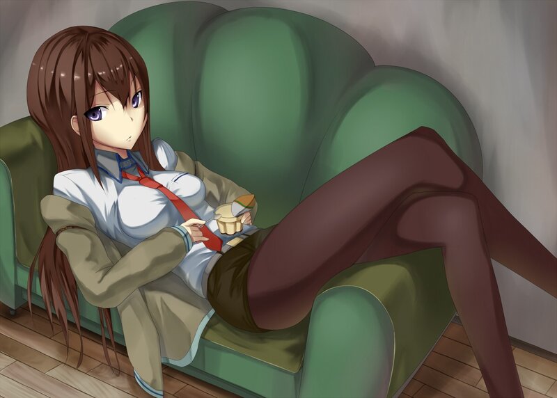 Anime Girl on Couch — Green, Relaxed, Cupcake