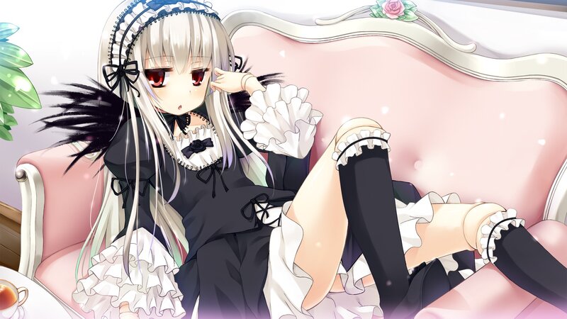 Anime Girl on Couch — Pink, Calm, Tea Cup