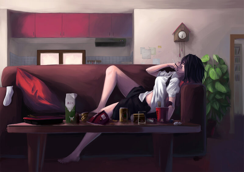 Anime Girl on Couch — Purple, Relaxed