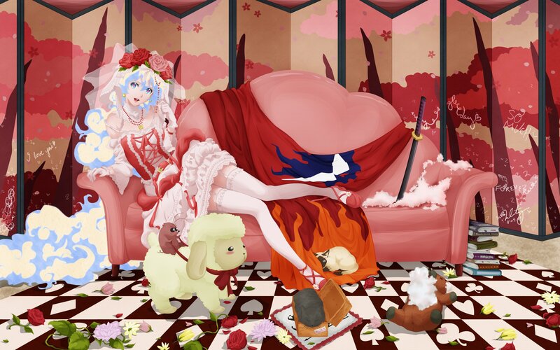 Anime Girl on Couch — Red, Chaotic, Digital Art