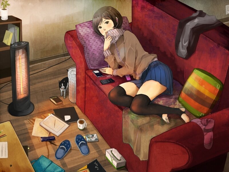 Anime Girl on Couch — Red, Cozy, Night