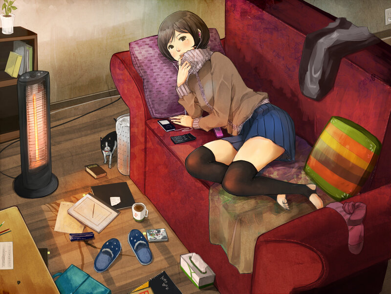 Anime Girl on Couch — Red, Cozy