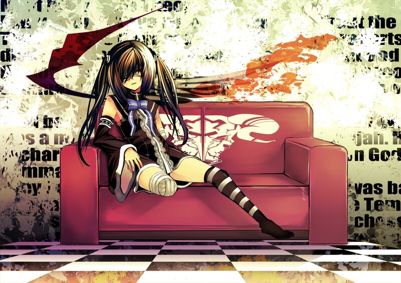 Anime Girl on Couch — Red, Dramatic, Checkered Floor