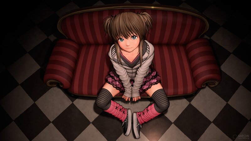 Anime Girl on Couch — Red, Dramatic