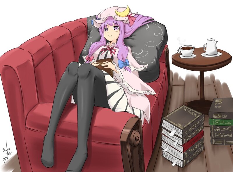 Anime Girl on Couch — Red, Relaxed, Digital Art, Books