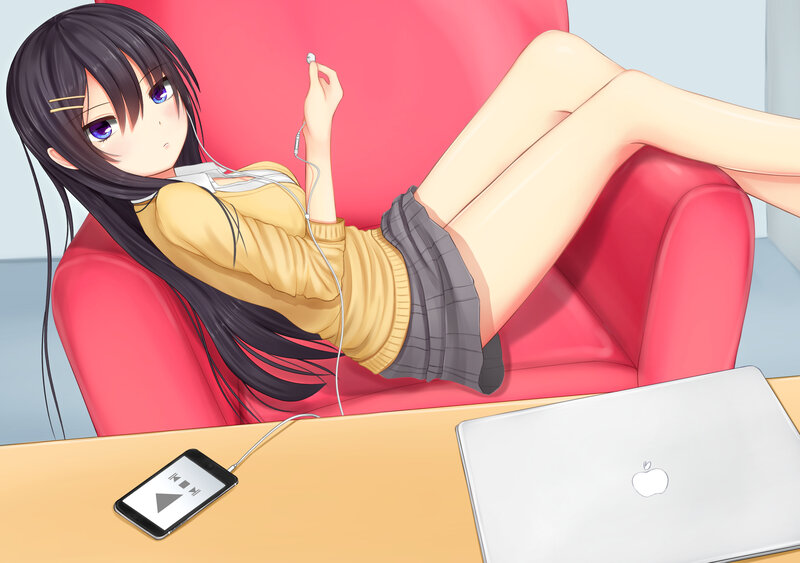 Anime Girl on Couch — Red, Relaxed, Laptop