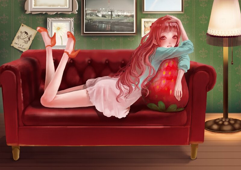 Anime Girl on Couch — Red, Relaxed, Night