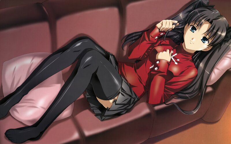 Anime Girl on Couch — Red, Relaxed, Pillow