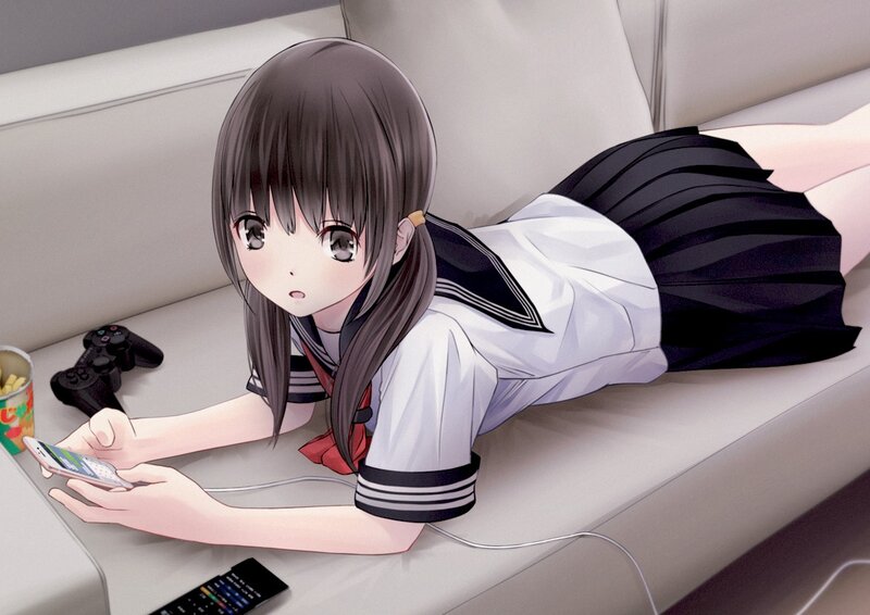Anime Girl on Couch — White, Relaxed, Smartphone