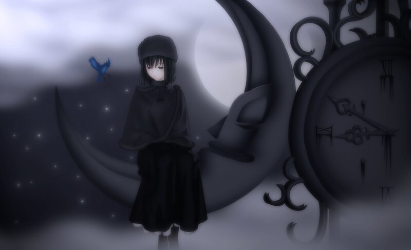 Anime Girl on Crescent Moon — Black
