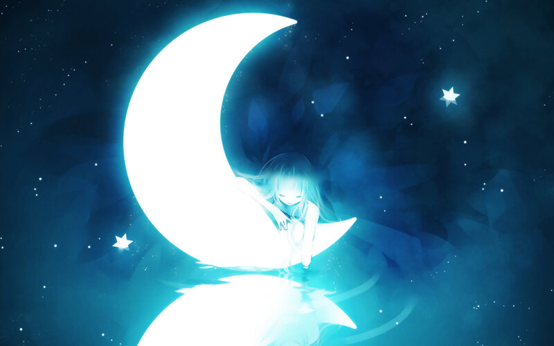 Anime Girl on Crescent Moon — Blue, Serene, Night, Digital Art, Stars
