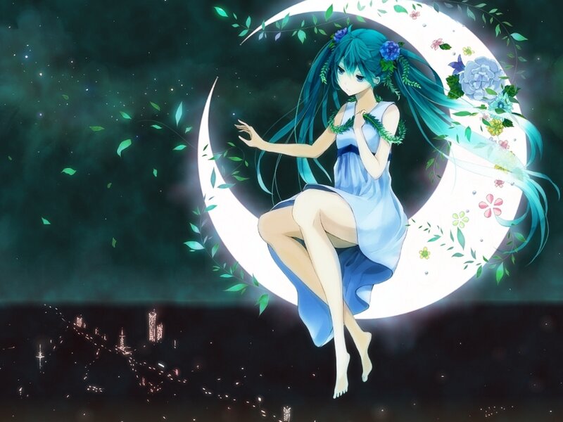 Anime Girl on Crescent Moon — Blue, Serene