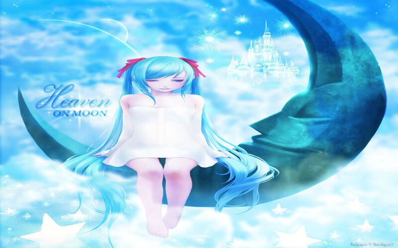 Anime Girl on Crescent Moon — Blue