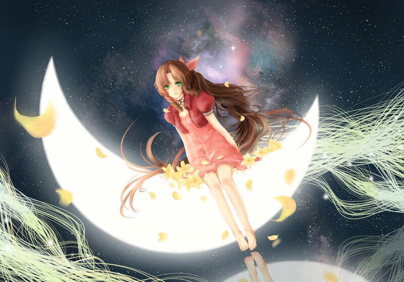 Anime Girl on Crescent Moon — White