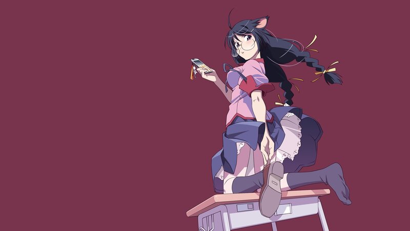 anime girl on desk with phone