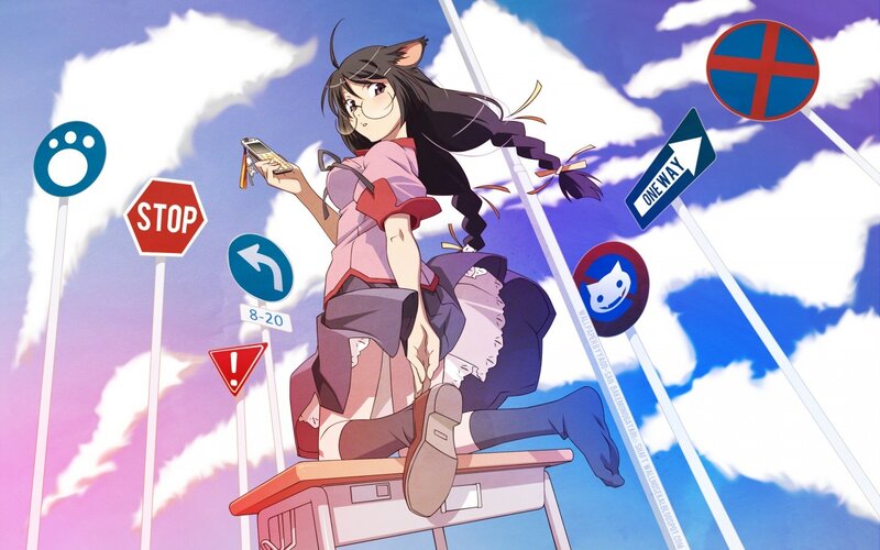 anime girl on desk with signs