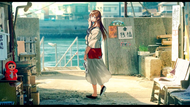 Anime Girl on Dock — Beige