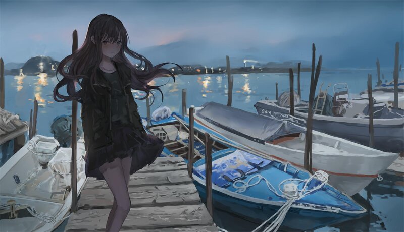 Anime Girl on Dock — Blue, Calm, Sunset