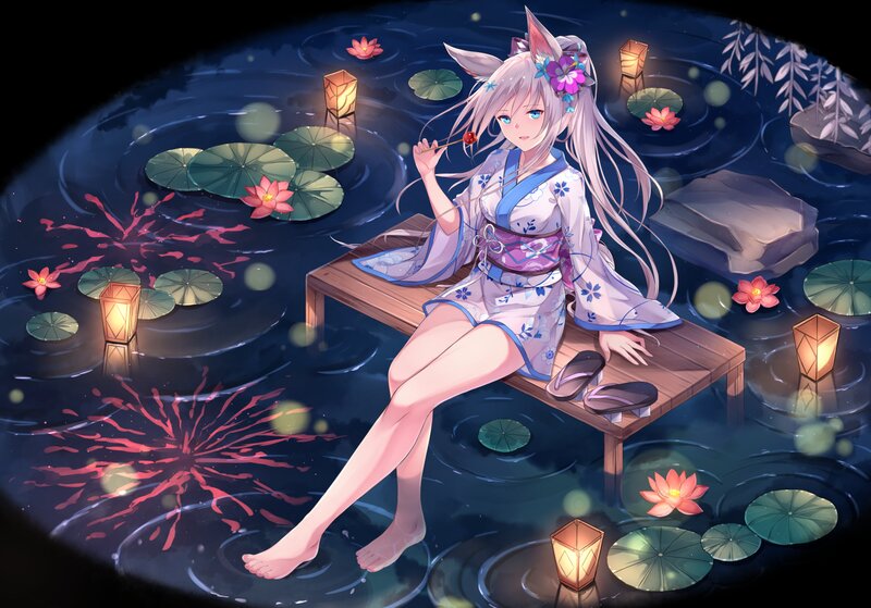 Anime Girl on Dock — Blue, Serene, Night