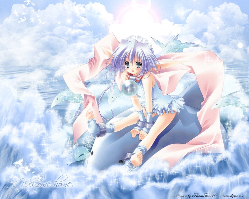 Anime girl on dolphin in sky