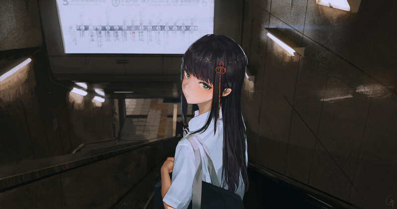 Anime Girl on Escalator — Black
