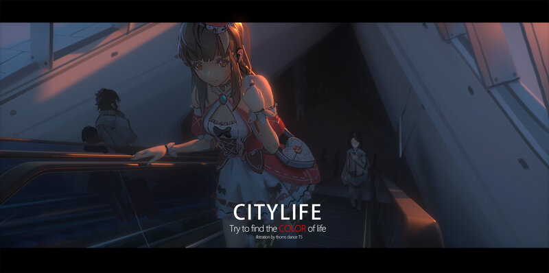 Anime Girl on Escalator — Blue