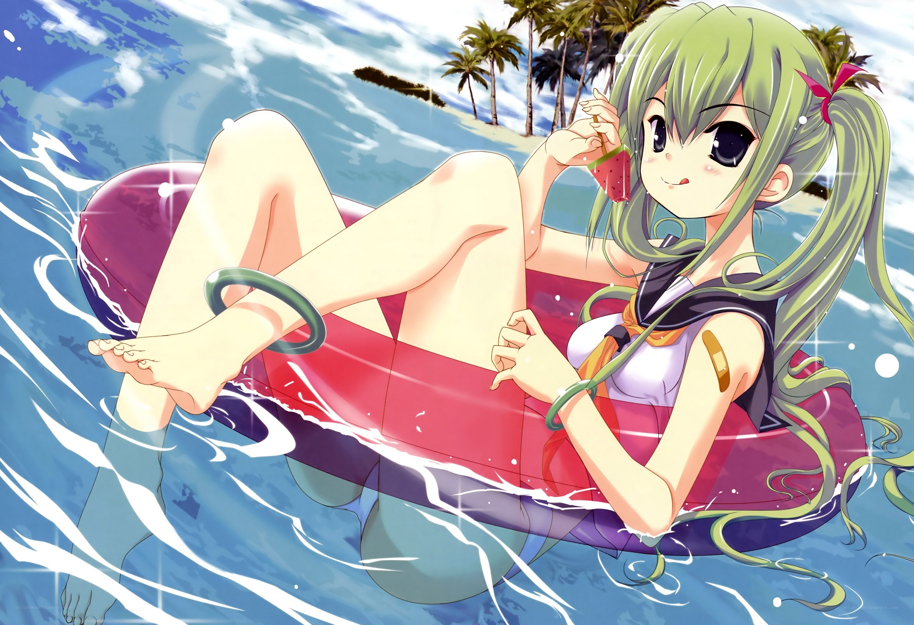 Anime girl on float in ocean