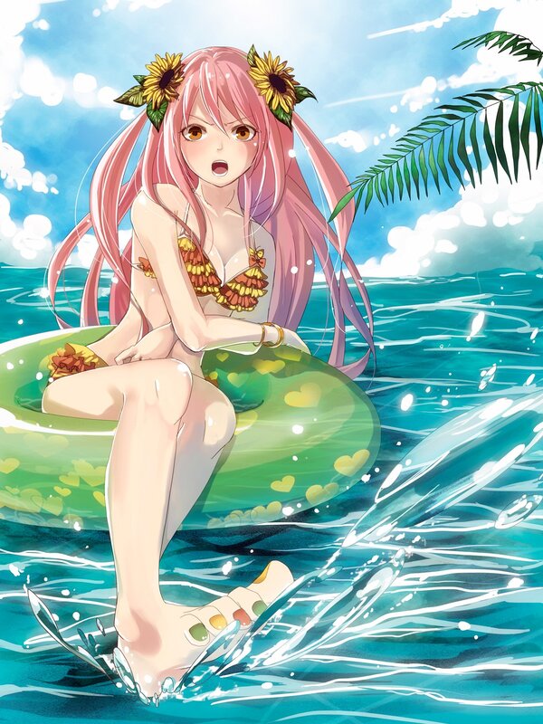 Anime girl on float in ocean