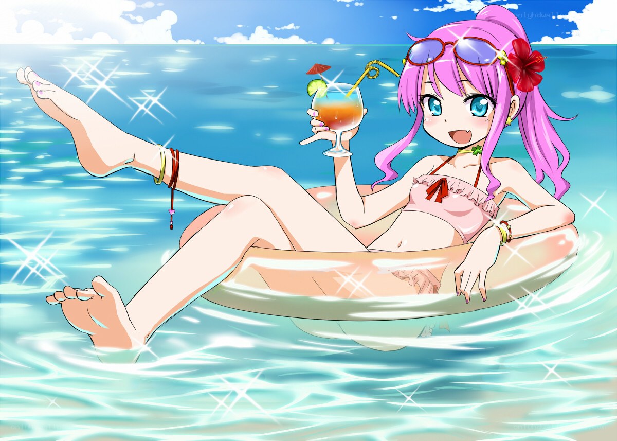Anime girl on float in ocean
