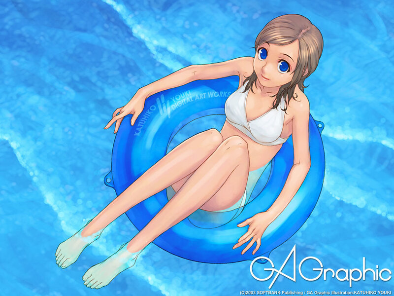 Anime girl on float in pool