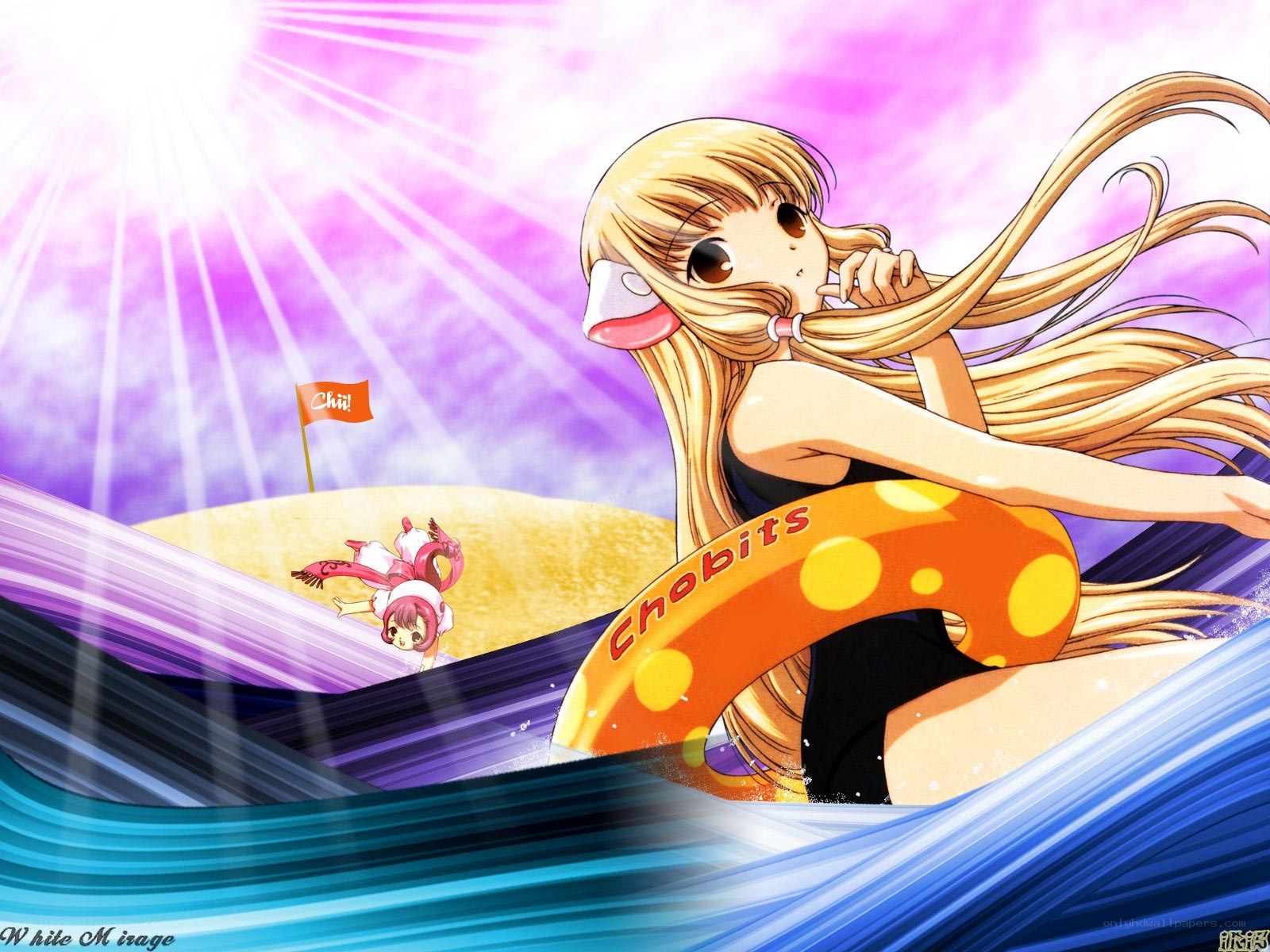 Anime girl on floatie at beach