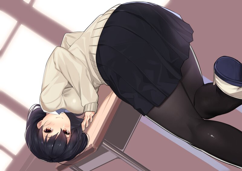 Anime Girl on Floor — Black, Calm, Afternoon, Digital Art