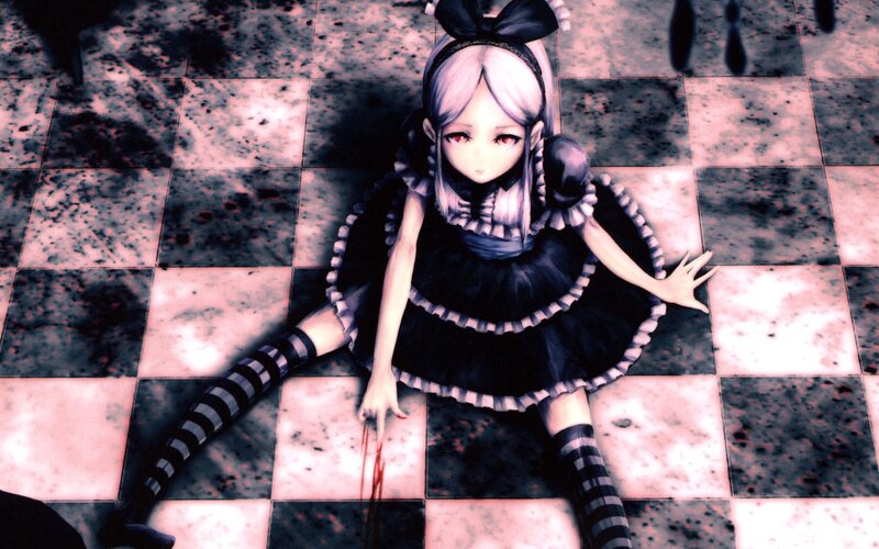 Anime Girl on Floor — Black, Dramatic, Checkered Floor