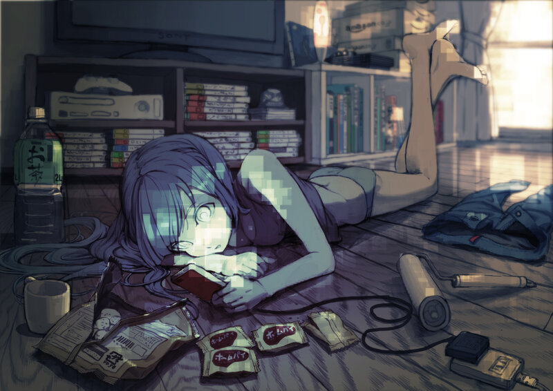 Anime Girl on Floor — Blue, Calm, Afternoon, Digital Art
