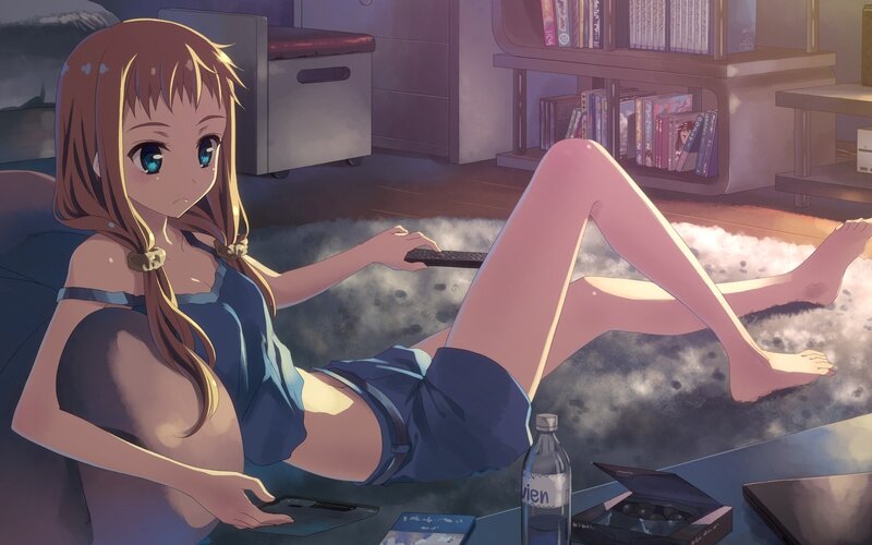 Anime Girl on Floor — Blue, Calm, Night