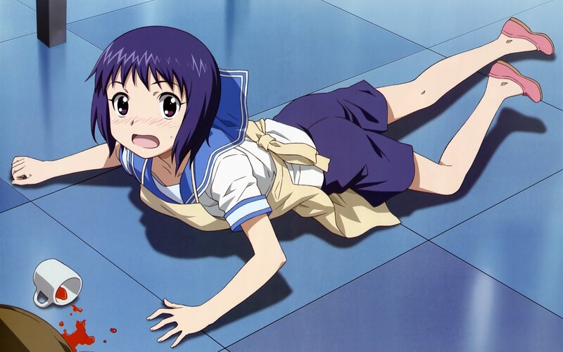 Anime Girl on Floor — Blue, Surprised