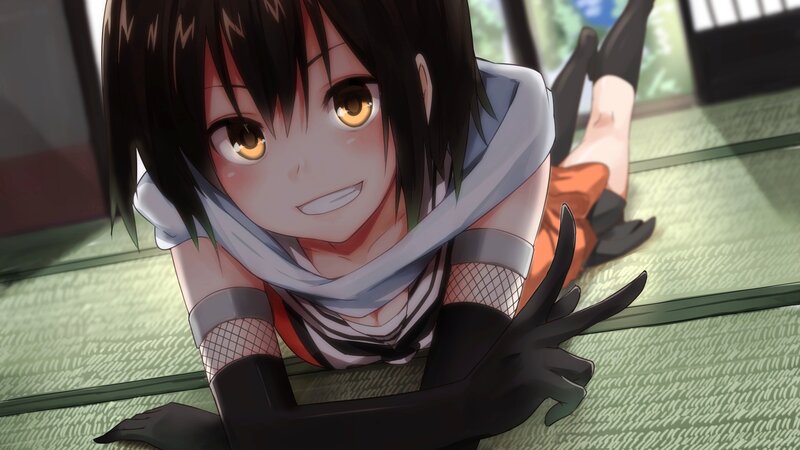 Anime Girl on Floor — Green, Playful