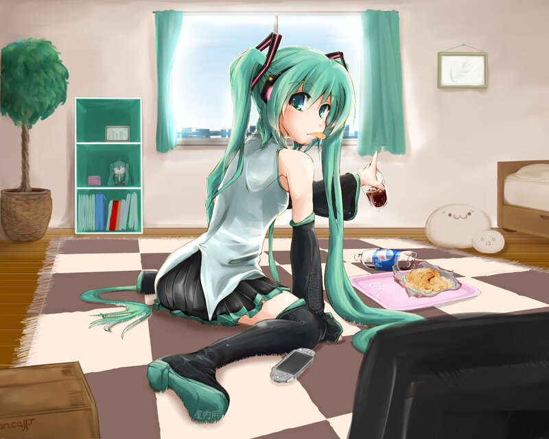 Anime Girl on Floor — Green, Relaxed
