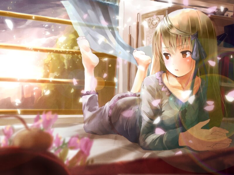Anime Girl on Floor — Green, Serene