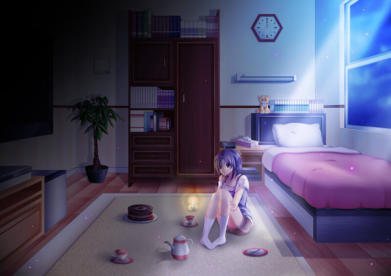 Anime Girl on Floor — Purple, Calm, Night, Digital Art, Bed