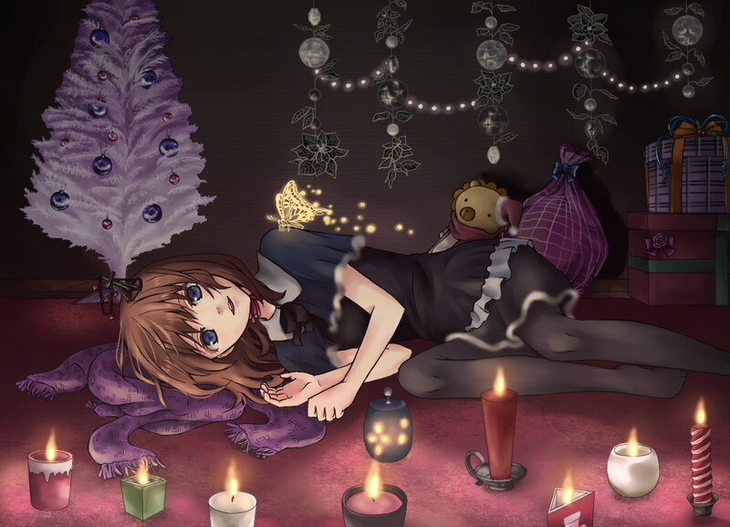 Anime Girl on Floor — Purple, Calm, Night, Digital Art