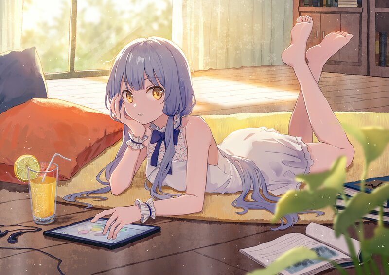 Anime Girl on Floor — Purple, Serene, Afternoon