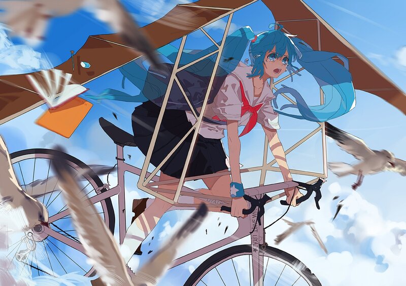 Anime girl on flying bicycle