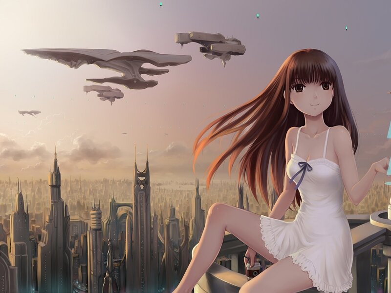 Anime girl on futuristic city balcony