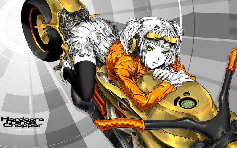 anime girl on golden motorcycle